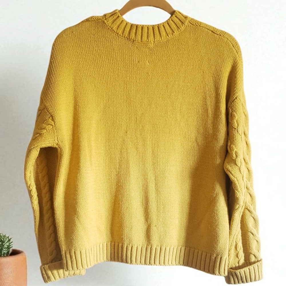 Zara Sweater Yellow Crewneck Cable Knitwear Youth Womens M Boho Chunky Pullover - Picture 2 of 7
